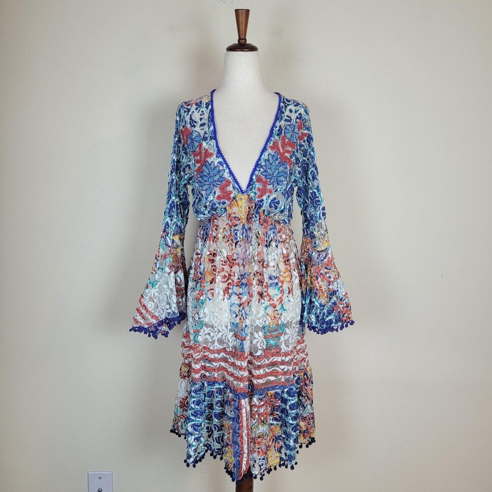 Antica Sartoria Dress One‎ Size Colorful Lace Beaded Cover Up Boho Vacation NEW
